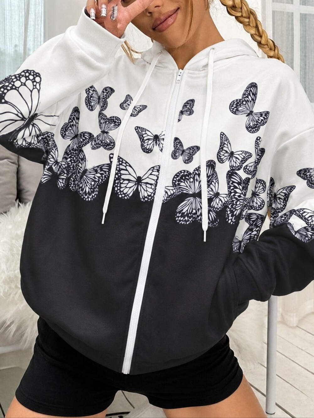 SHEIN Curve Black White Butterfly Full Zip Hoodie 2X